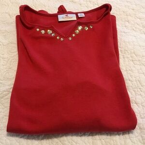 QF notched neck red top embellished with large faceted rhinestones (XL)
